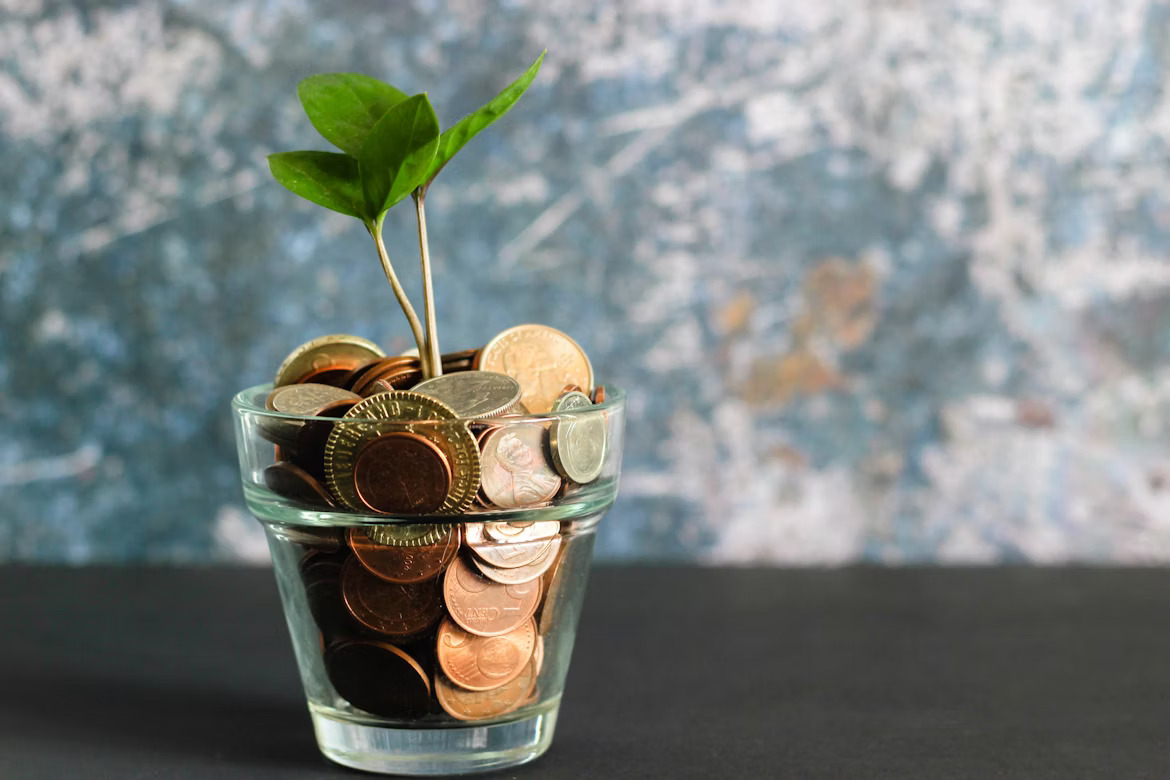 a glass cup with coins and a plant growing out of it